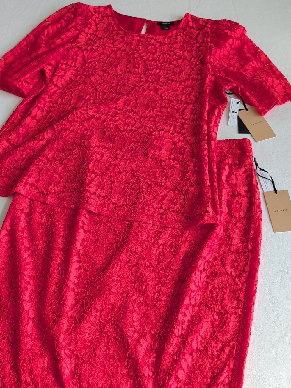 NWT Halogen All Lace Blouse & Pencil Skirt In Coral Colorway Women's Size 10